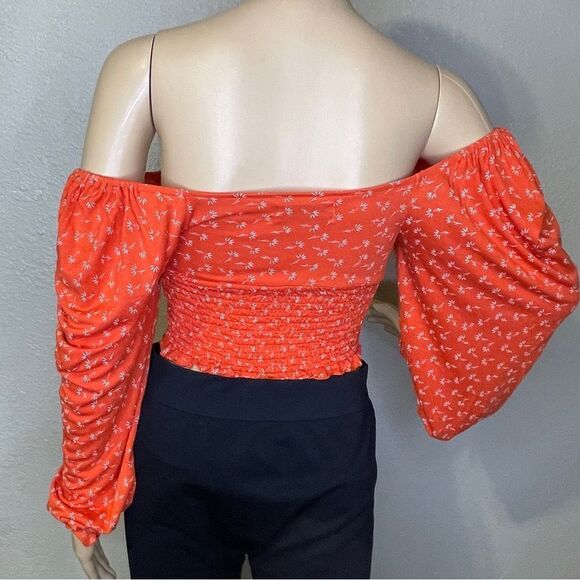 Urban Outfitters Off Shoulder Long Sleeve Crop Top Orange White Floral Medium - Picture 6 of 13